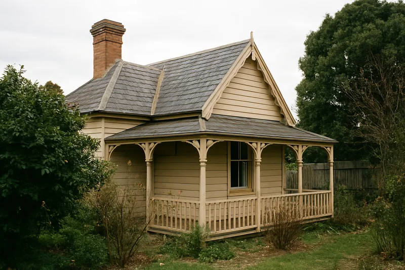 A small Victorian cottage with a steep slate roof, a verandah and a brick chimney — heritage slate roofs, Ballarat. Illustrative example.