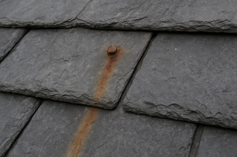 Grey-black slates with a rust-brown streak running down from a corroded nail head — slate roof repairs, Ballarat. Illustrative example.